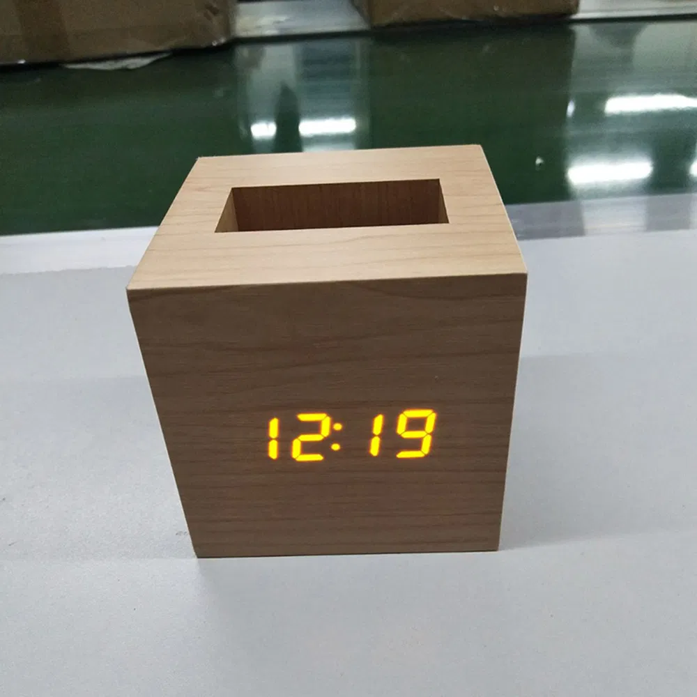 Square Wood Pen Holder Name Card Box LED Alarm Clock Christmas Gift