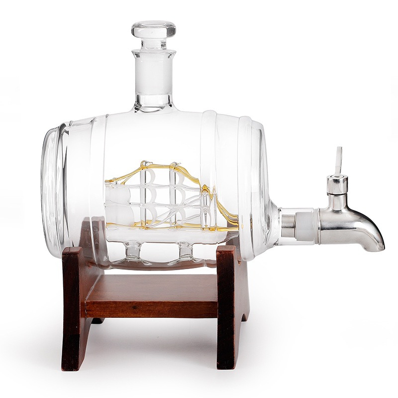 Decorative Glass Barrel Whiskey Decanter with Ship and Spigot for Liquor Wine Whiskey Brandy Dispenser