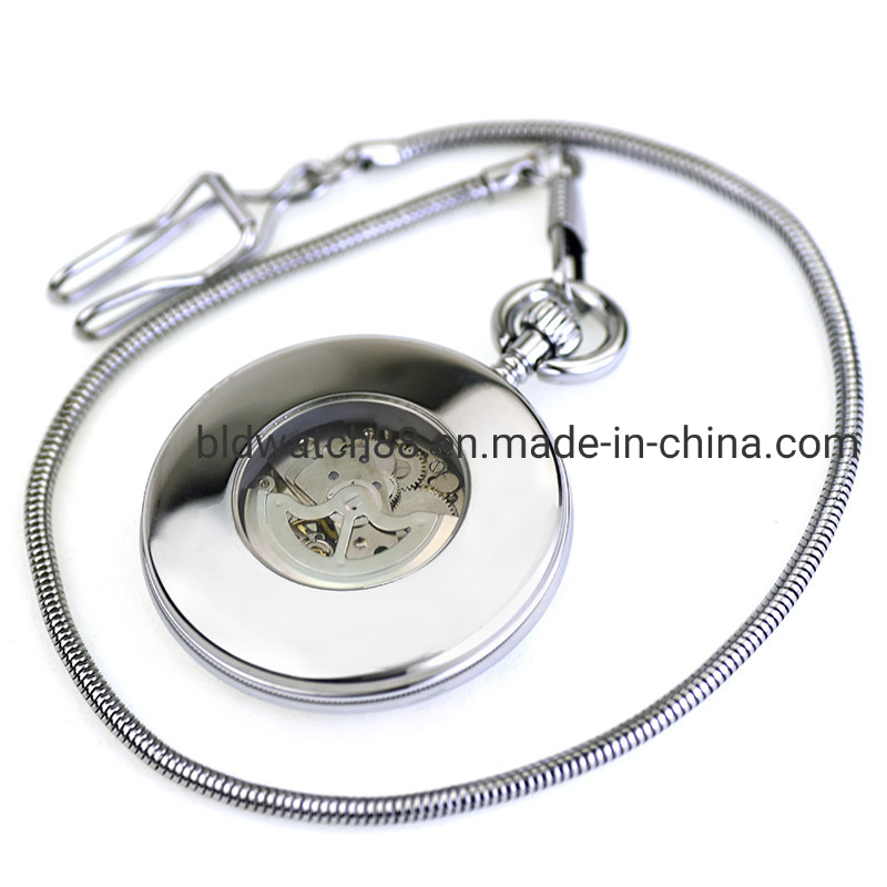 Best Open Face Mens Silver Quartz Pocket Watch with Chain