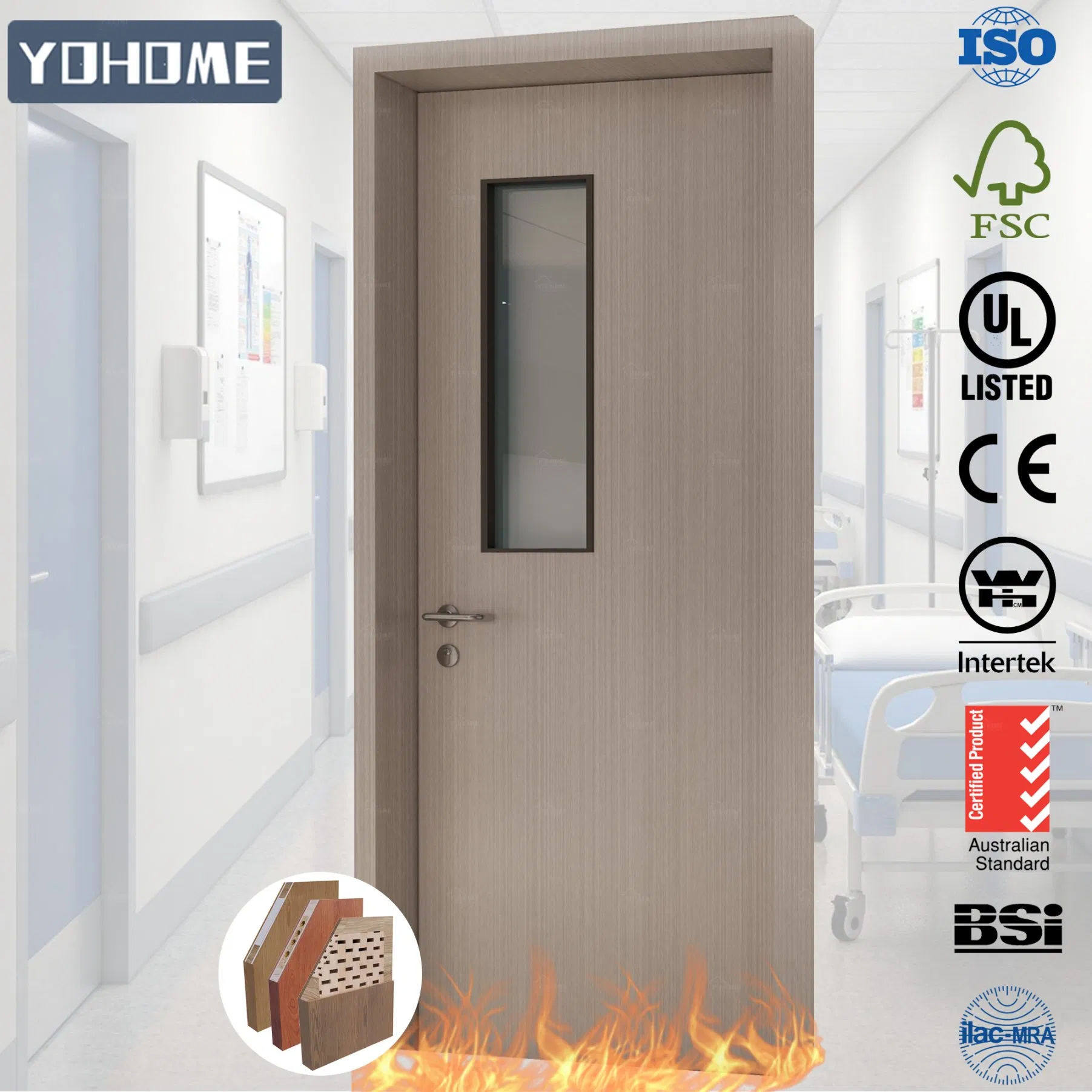 Yohome PRO Fire Door Manufacturer Hospital Engineering Project 45/60/90 Frl Fireproof Ward Door Wood Fire Rated Door with Window