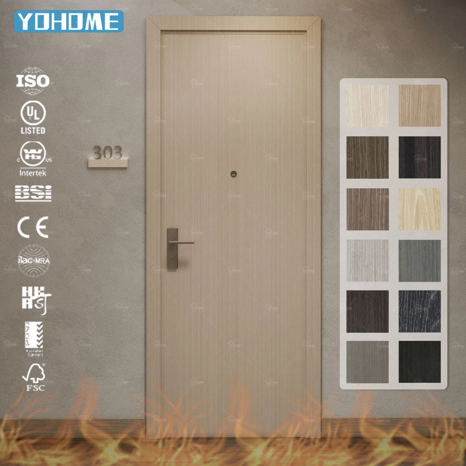 Europe Modern Simple Hotel Internal Prehung 30 60 Min Fire Rated Soundproof Wooden Apartment Room Wood Fire Door