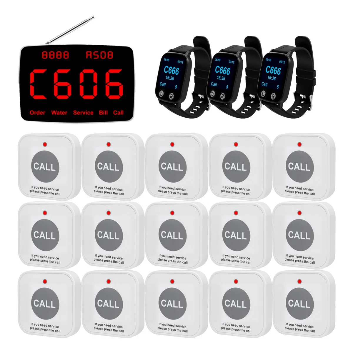 Wireless Restaurant Pager System 1 Display 15 Buttons 3 Watches Voice Broadcast