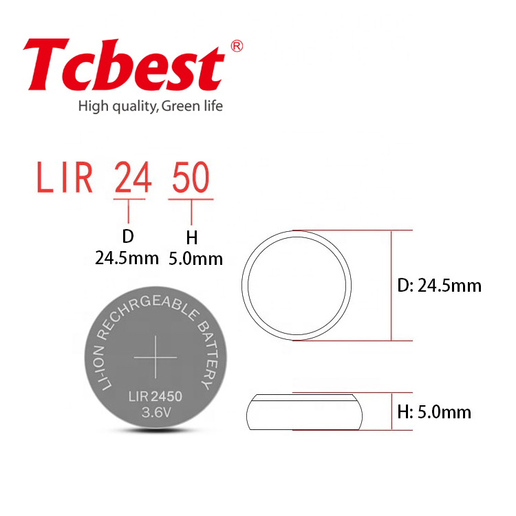 3.6V Lir2450 Rechargeable Battery 120mAh 500 Cycle Lithium Coin Battery Button Battery Rechargeable Button Cell Battery Lir2450 3.6V 120mAh Lithium Ion Battery