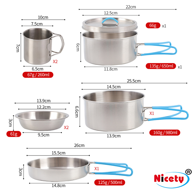 Eight-Piece Hiking Portable Cup Pot Pan Cooking Ware Camping Cookware Set