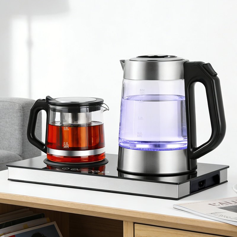 Household Appliances 1800W Automatic Switch off 2.7L Glass Kettle and Tray Set LED Display Double Kettles Tempered Glass Base