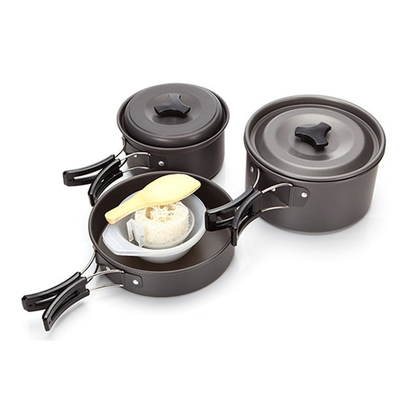 Outdoor Advanced Hard Aluminum Non-Stick Pan Cookware Set 3 in 1 Picnic 2-3 Person Camping Cooking Combination Tableware Set for Hiking Camping