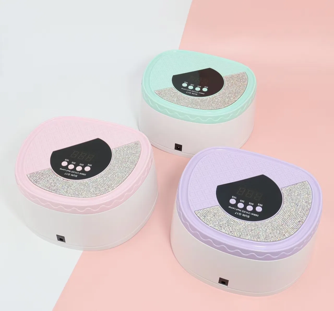 Three Macaron-Colored Nail Salon Lamps with Diamonds