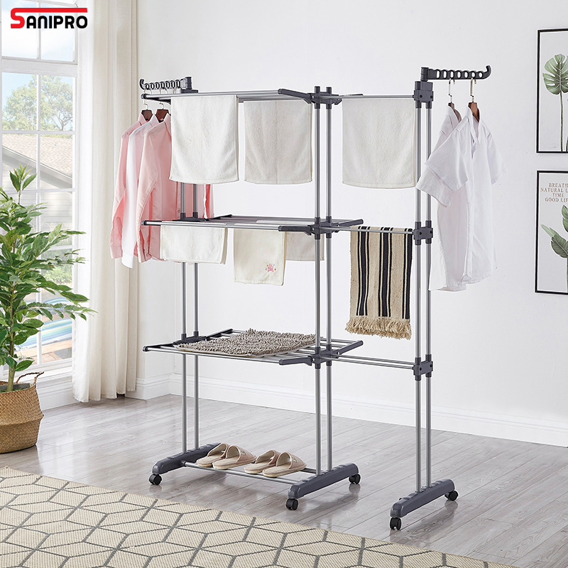 Sanipro High Quality 4-Tier Folding Clothing Hanger Indoor/Outdoor Multifunction Adjustable Clothes Drying Rack with Wheels