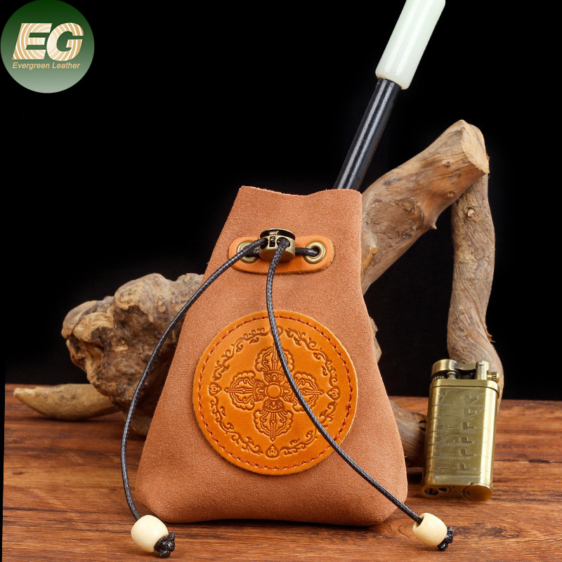 Ea442 High Quality Portable Handmade Tobacco Bag Pouch for Men Custom Drawstring Genuine Smoking Reversed Cowhide Leather Bags