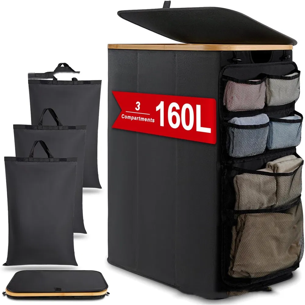 Home Dirty Clothes Basket, Bamboo and Wood Handle with Cover Storage Basket, Dirty Clothes Basket