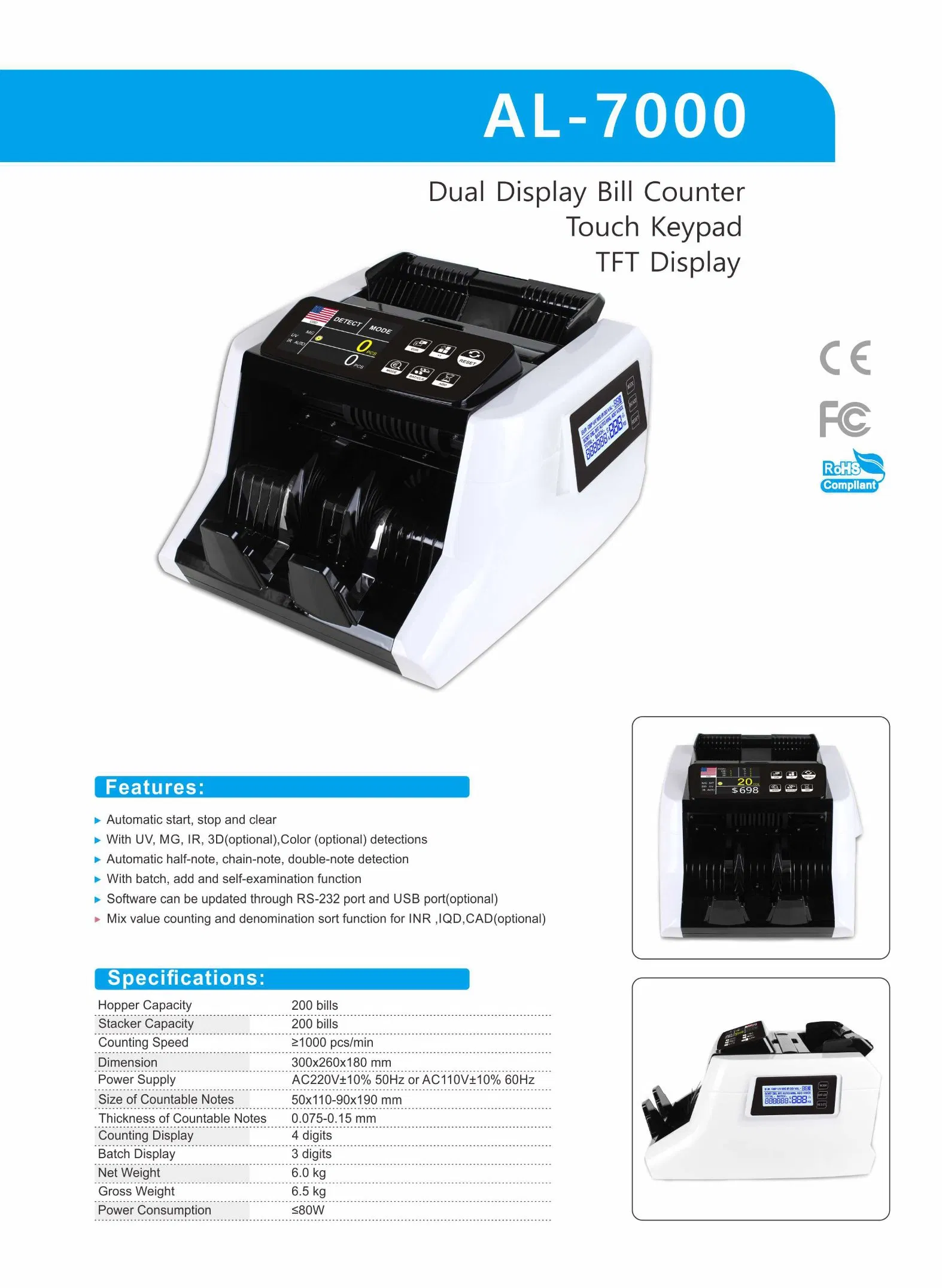 Al-7000 Banknote Counter Mix Money Counting Machine for Small Business