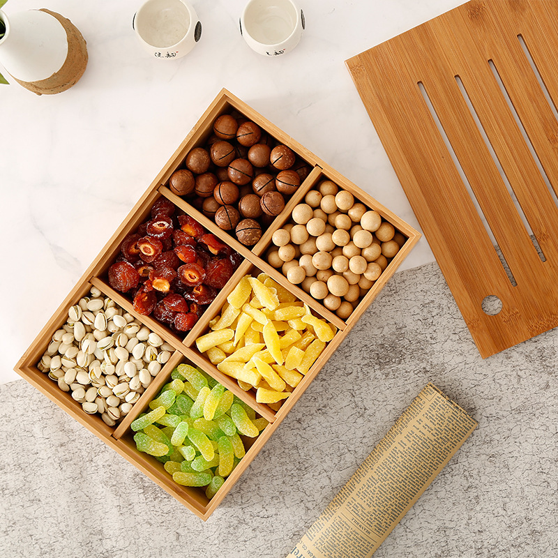Wooden Snack Storage Box with Divider Lid for Candy and Dry Fruit