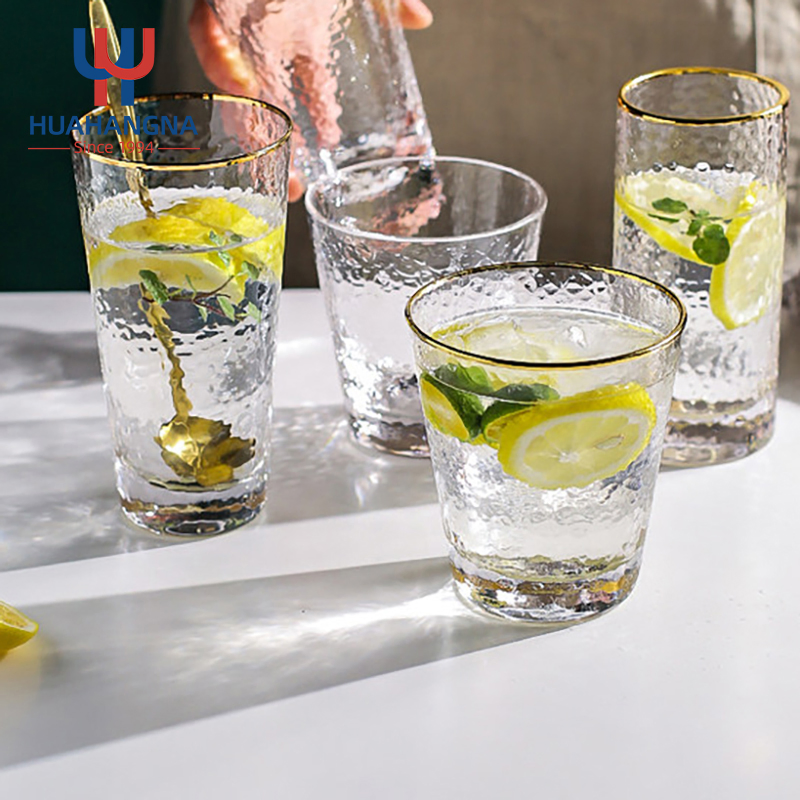 Wholesale Modern Hammer Patterned Heat-Resistant Gold Edged Glass Mug Water Cups for Juice Milk Tea Coffee