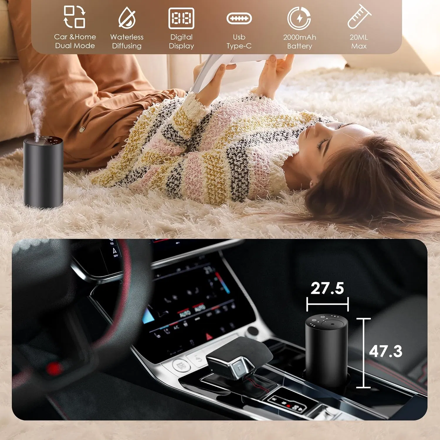 Waterless Essential Oil Diffuser 20ml Capacity 3 Mist Levels for Home Car Room Office (Black)