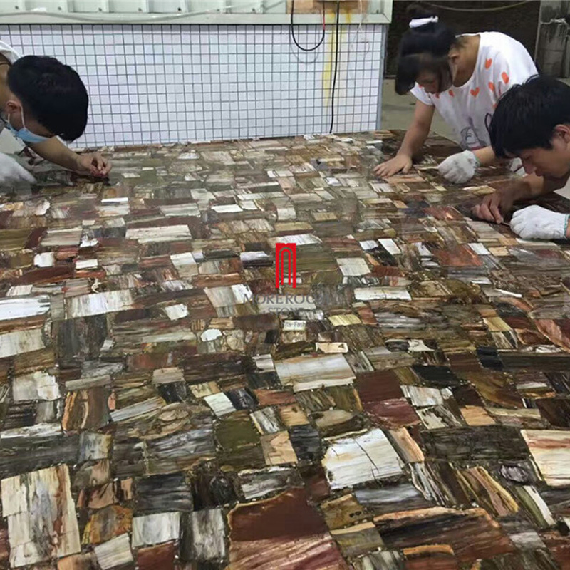 Semi Precious Stone Natural Marble Fossil Wood Stone Reception Desk