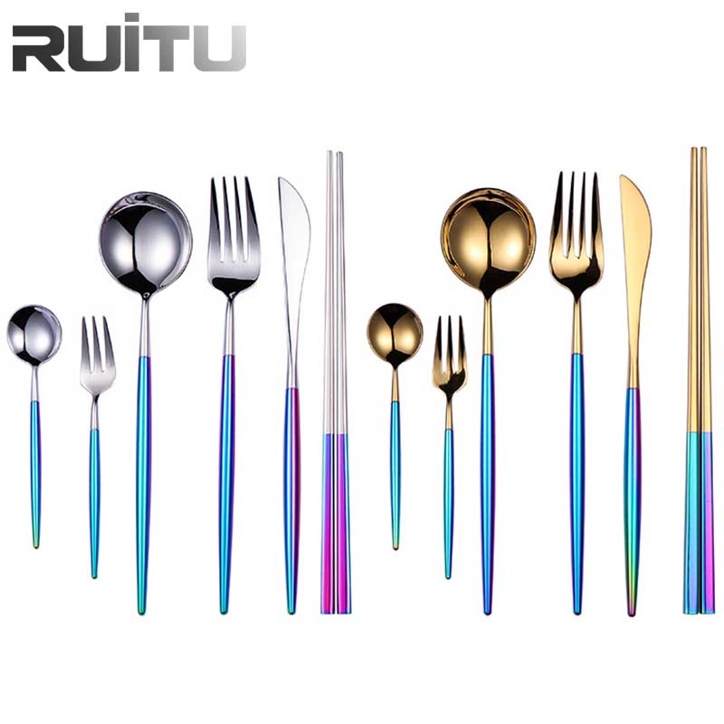 18/10 Bulk Royal Modern Portable Hotel Wedding Luxury German Nortic Portugal Lucite Cutipol Stainless Steel Reusable Flatware Cutlery Rainbow Flatware Set