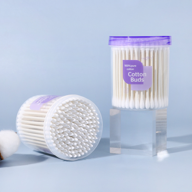 Purple Cylinder with Cover 100 Wooden /Paper Sticks Double-End Round Head Pointed Cosmetic Cotton Swabs