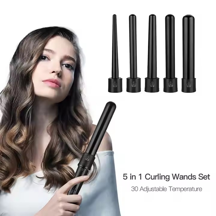 5 in 1 LED Display Interchangeable Tourmaline Ceramic Negative Ion Wave Curling Iron
