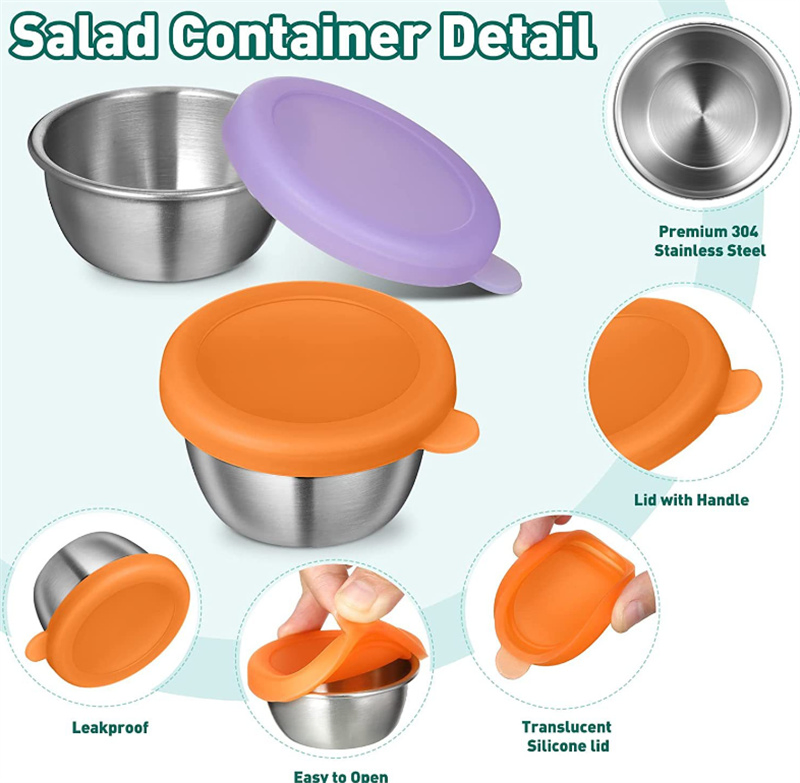 Leakproof Reusable Stainless Steel Sauce Cups Containers Salad Dressing Container with Silicone Lid