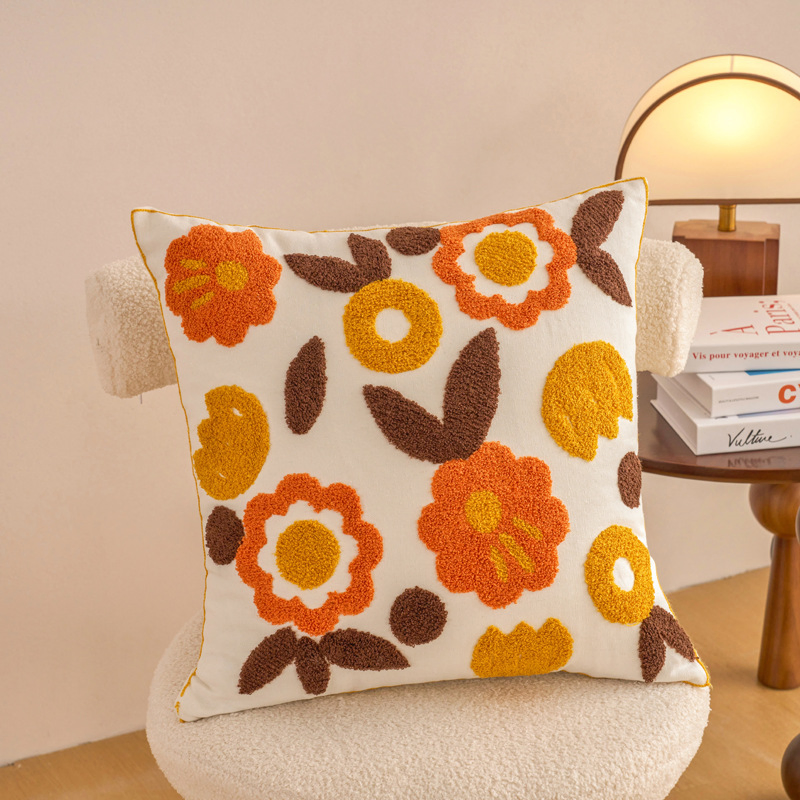 Outdoor Boho Farmhouse Embroidery Flowers Jacquard Cushion Cover for Summer Spring Garden