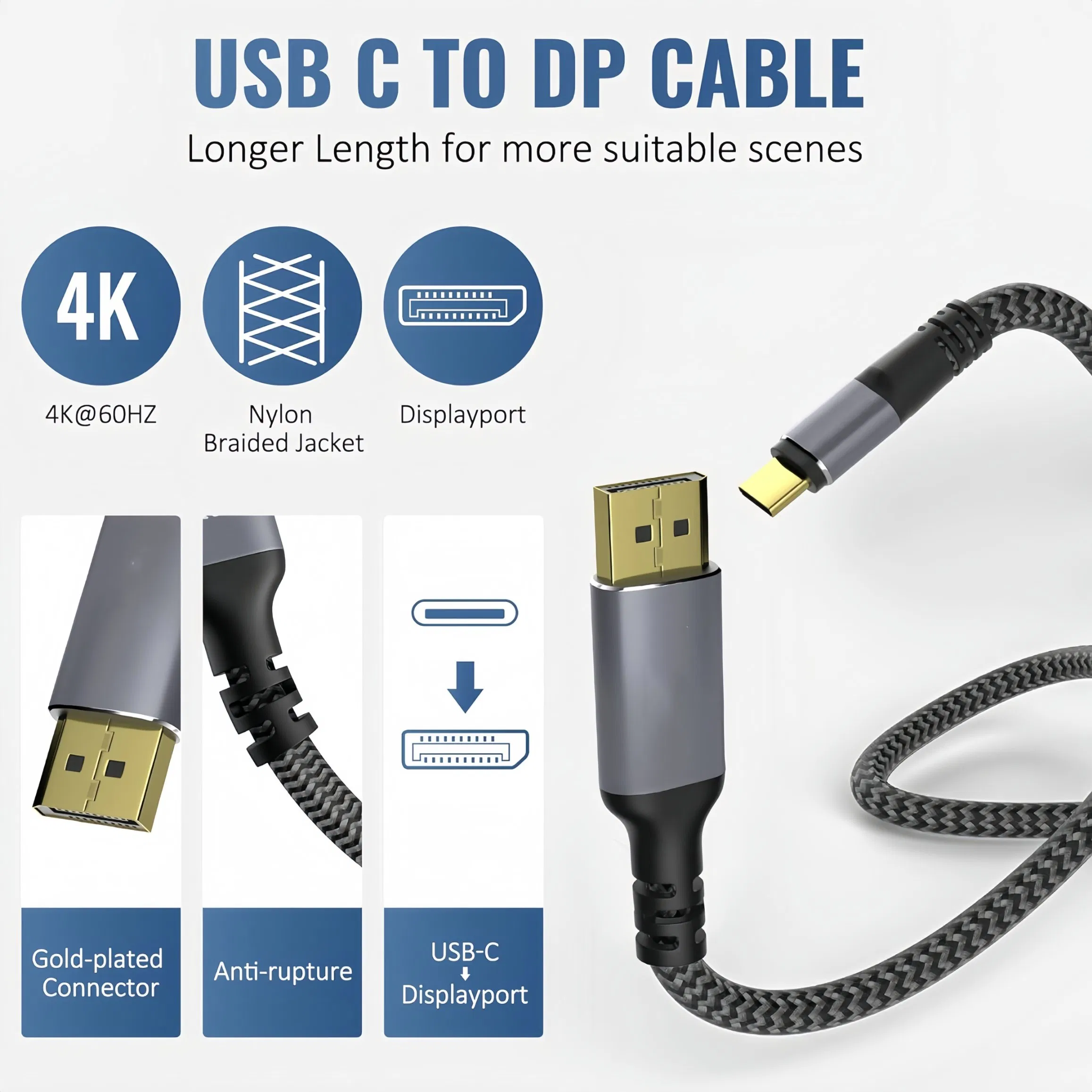 Custom USB C to Displayport Cable 2-200m, 4K@60Hz, Type C to Dp 1.2 Braided Cord
