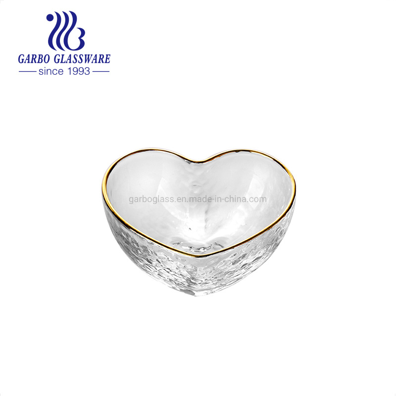 Elegant Hand Made Heart Shaped Bowl Glass Fruit Salad Bowl with Gold Rim