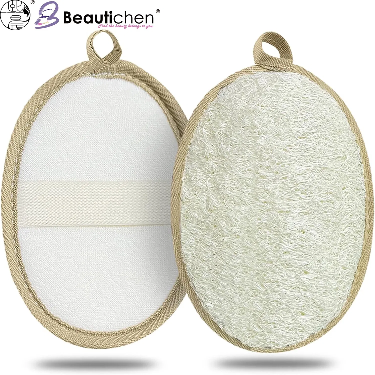 Beautichen Natural Loofah Bath Scrubber – Dual-Sided Exfoliating Sponge Pad with Soft Fabric & Loofah, Gentle Body Exfoliator for Shower & SPA