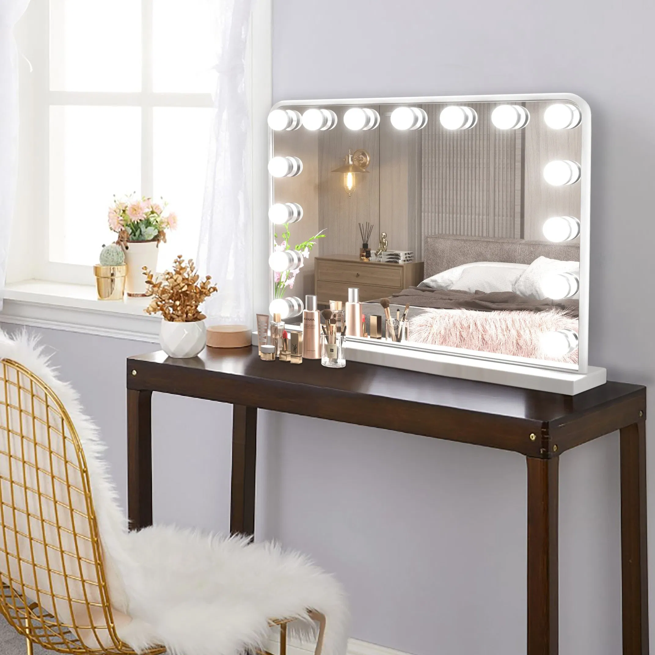 Ortonbath Vanity Mirror Makeup Mirror with Lights Lens Hollywood Lighted Vanity Mirror with 15 Dimmable LED Bulbs 3 Color Modes, Touch Control