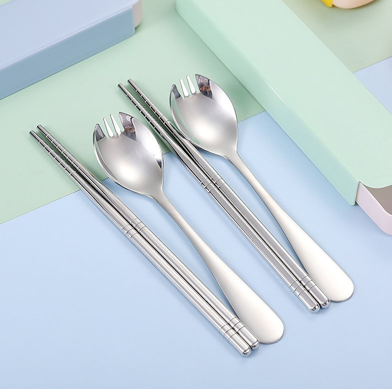 Eco Friendly Stainless Steel Chopsticks Spoon Set Student Travel Portable Flatware Set Case Gifts