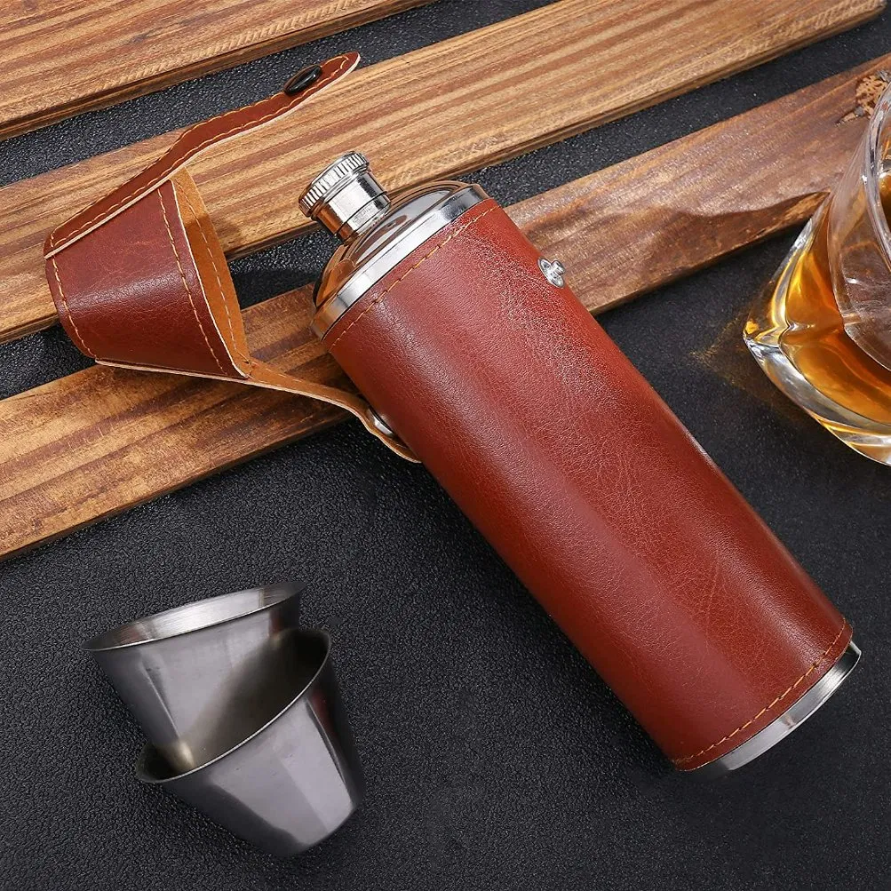 10 Oz Brown PU Leather Bucket Stainless Steel Leak Proof Hip Flask for Aberfeldy with Funnel and Cups