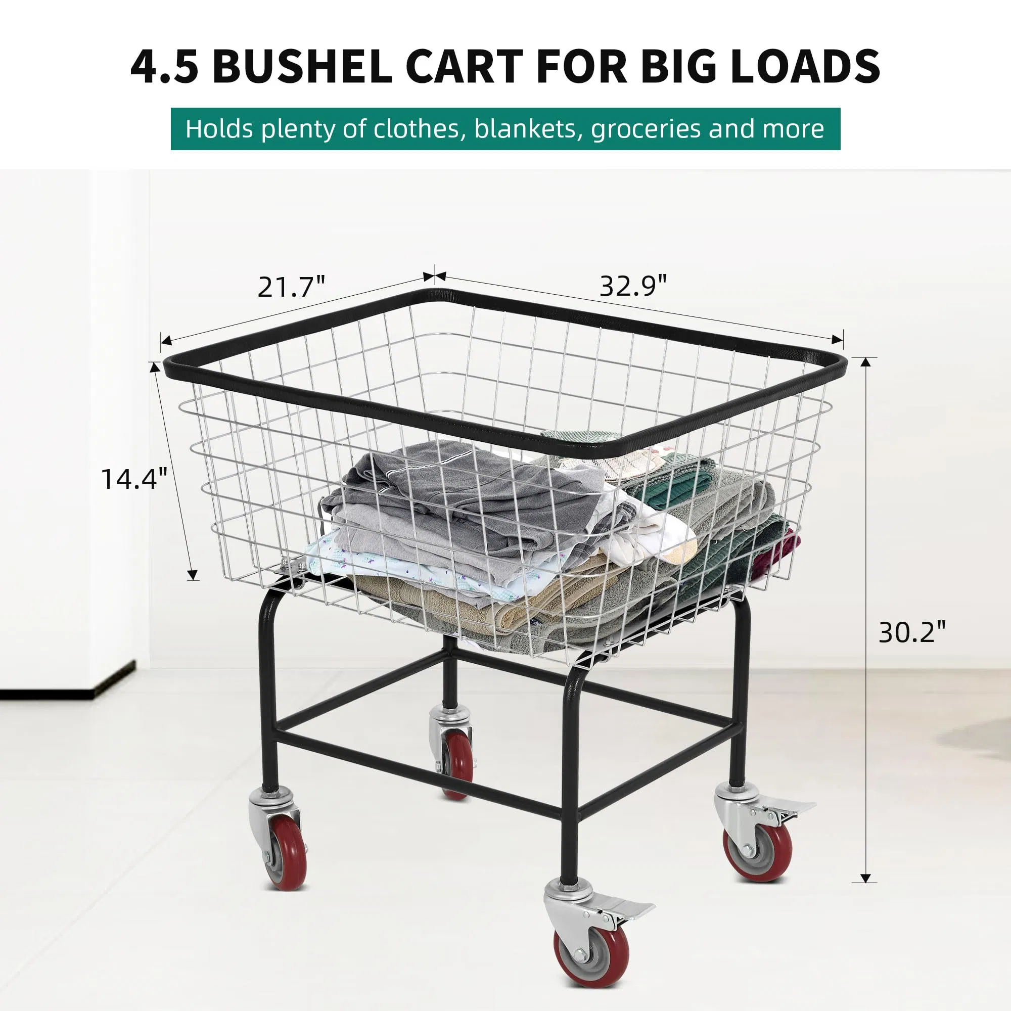 Wire Laundry Cart 2.5 Bushel, Rolling Laundry Basket with Wheels, Metal Commercial Wire Laundry Basket Cart with Galvanized Finish, Large Steel Basket