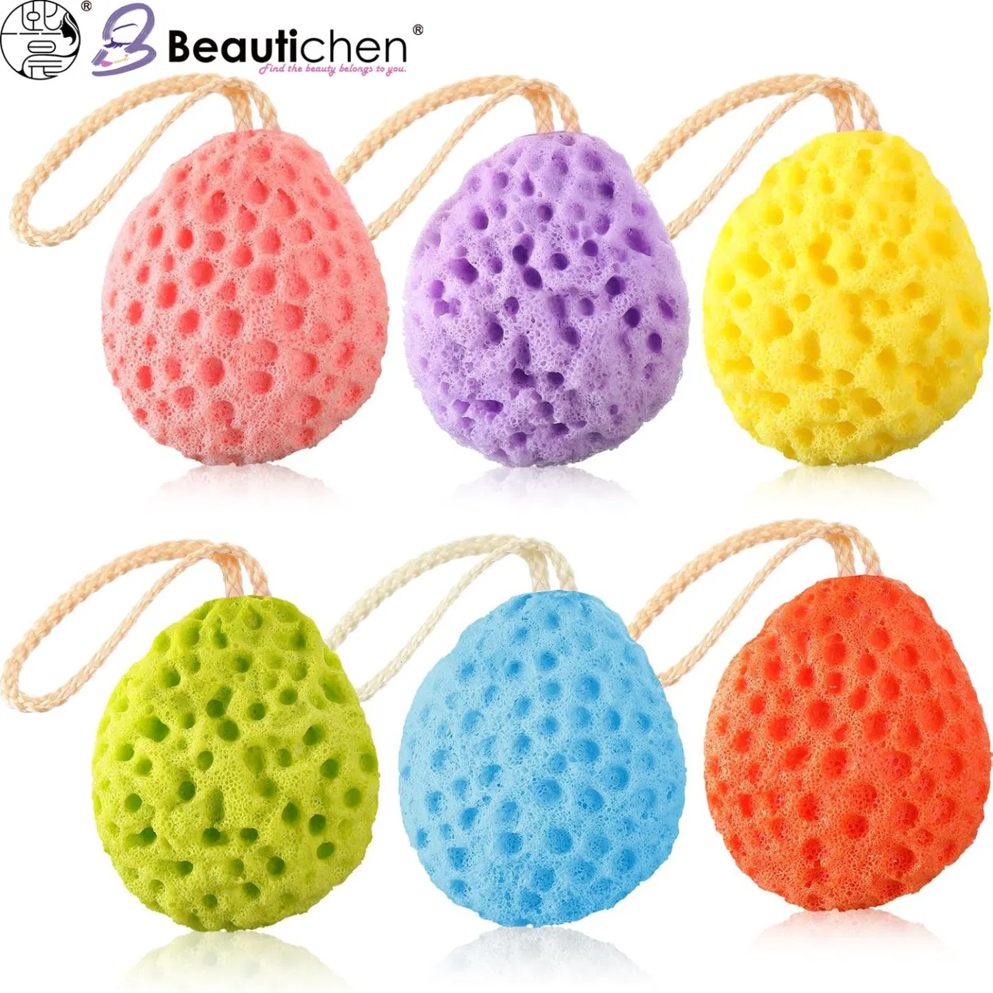 Beautichen Oval Bath Sponge with Hanging String – Non-Latex Honeycomb Shower Puff for Sensitive Skin, Gentle Body Scrubber & Rich Foaming Sponge