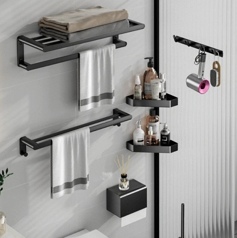 Factory Price Wholesale Wall Shelf Towel Holder Towel Rack Stainless Steel Bathroom Shelf Rack Electroplated Black Finish 1/2 Inch