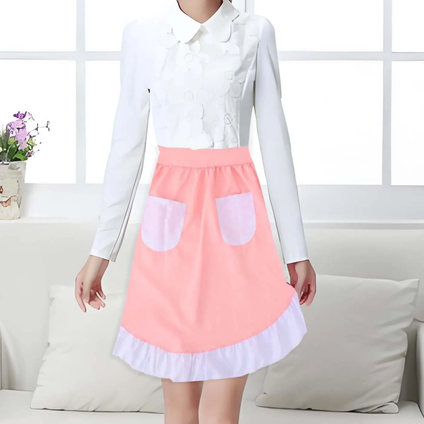 Pink Maid Fashionable Short Half-Length Apron, European Cute Lace, Restaurant Waiter Cotton Ruffled Apron