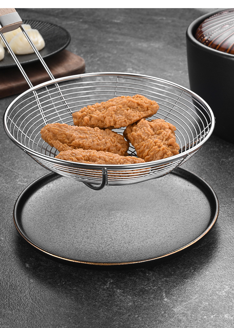 Heavy Duty Stainless Steel Mesh Strainer with Wooden Handle -Ideal for Frying, Noodles, and Dumplings