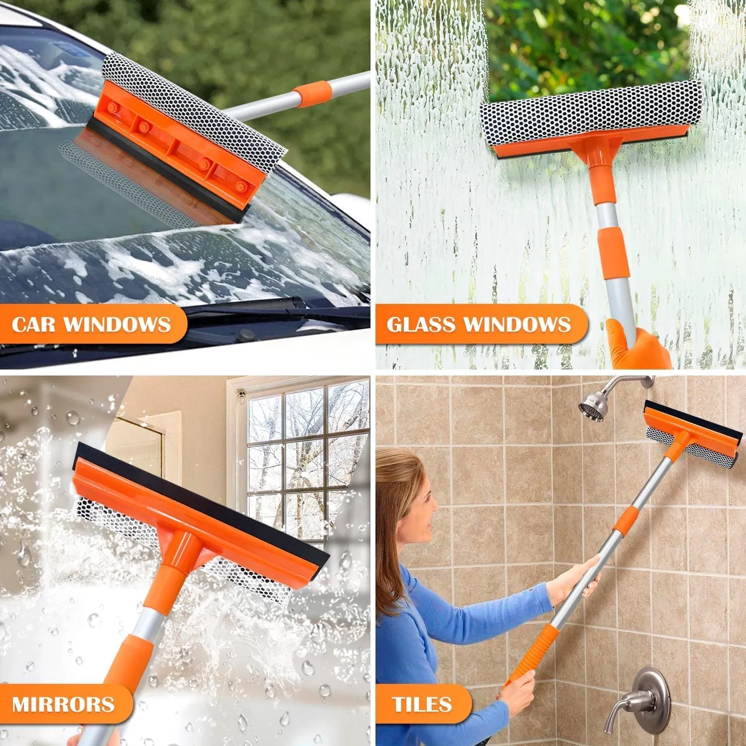 Squeegee for Window 2-in-1 Window Cleaner Sponge and Soft Rubber Strip with Telescopic Extension Pole Window Washer for Shower, Car Cleaner