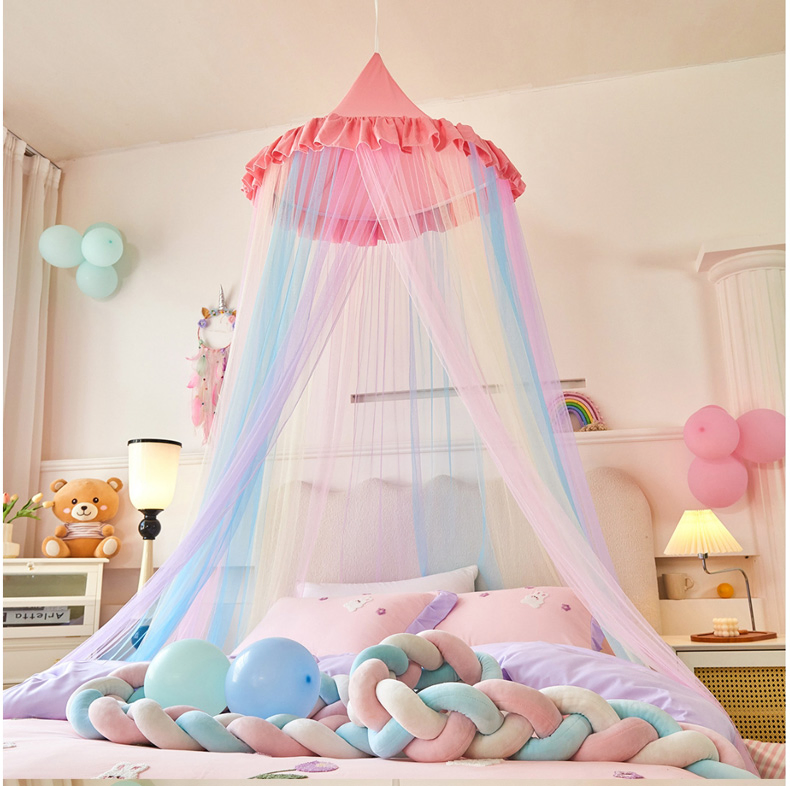 Rainbow Bed Canopy for Girls Dreamy Mosquito Net for Bed Round Dome Princess Bed Canopy Girl Room Play Tent Kids Canopy Bed Netting Curtains Pink