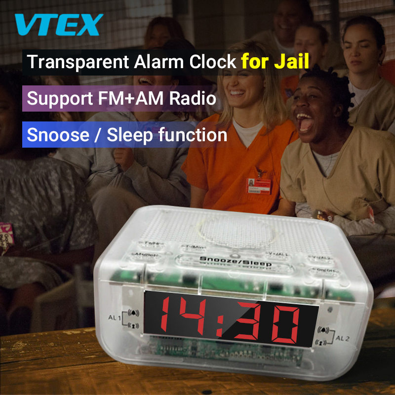 Transparent Jail Approved Durable Clear Case Plastic Alarm Clock Radio for Prison