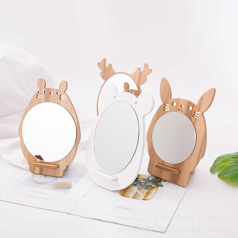 Cartoon Deer-Style Portable Bamboo Desktop Makeup Single-Sided Mirror