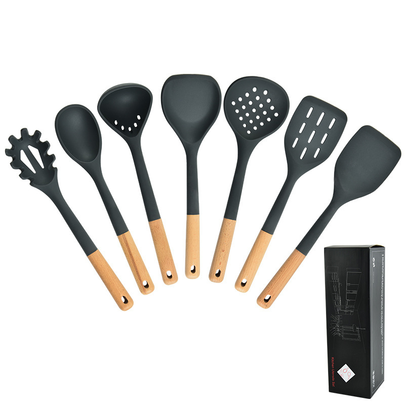 7-Pieces Heat Resistant Silicone Kitchen Utensils with Wooden Handle for Cooking