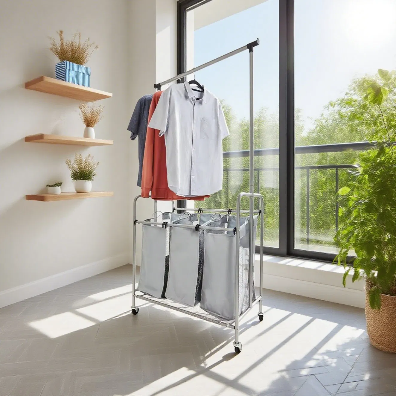 3-Tier Foldable Laundry Hamper Detachable Design Clothes Rack with 4 Rotary Wheels