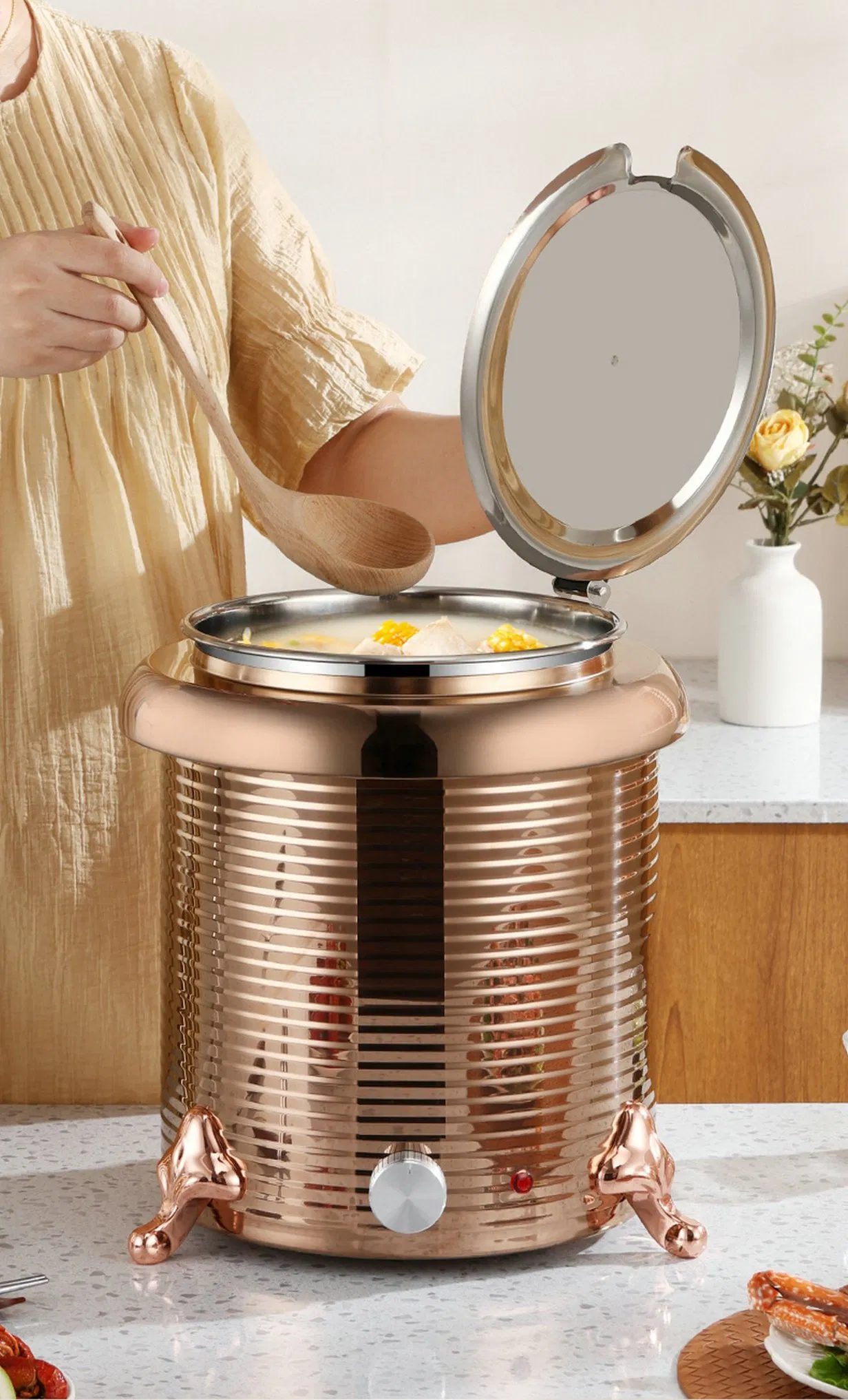 Electric Golden Color Stainless Steel 13L Thermal Insulation Soup Kettle Straight Screw Shape