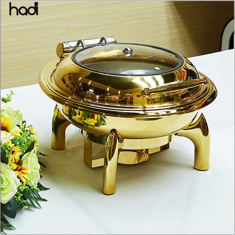 Gold 6L Stainless Steel Commercial Chafing Dish Buffet Set Chafters Chafing Dish Buffet in Gold Round Roll Top Chafing Dish