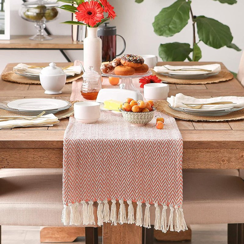 Cotton Linen Braided Vintage Woven Farmhouse Table Runner Decorations with Tassel