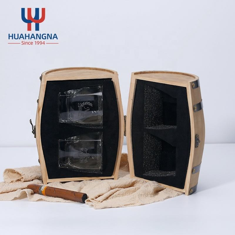 6 Granite Whiskey Rocks Chilling Stones and Unique 2 Crystal Clear Twisted Cocktail Whisky Glasses in Wood Barrel Gift Box