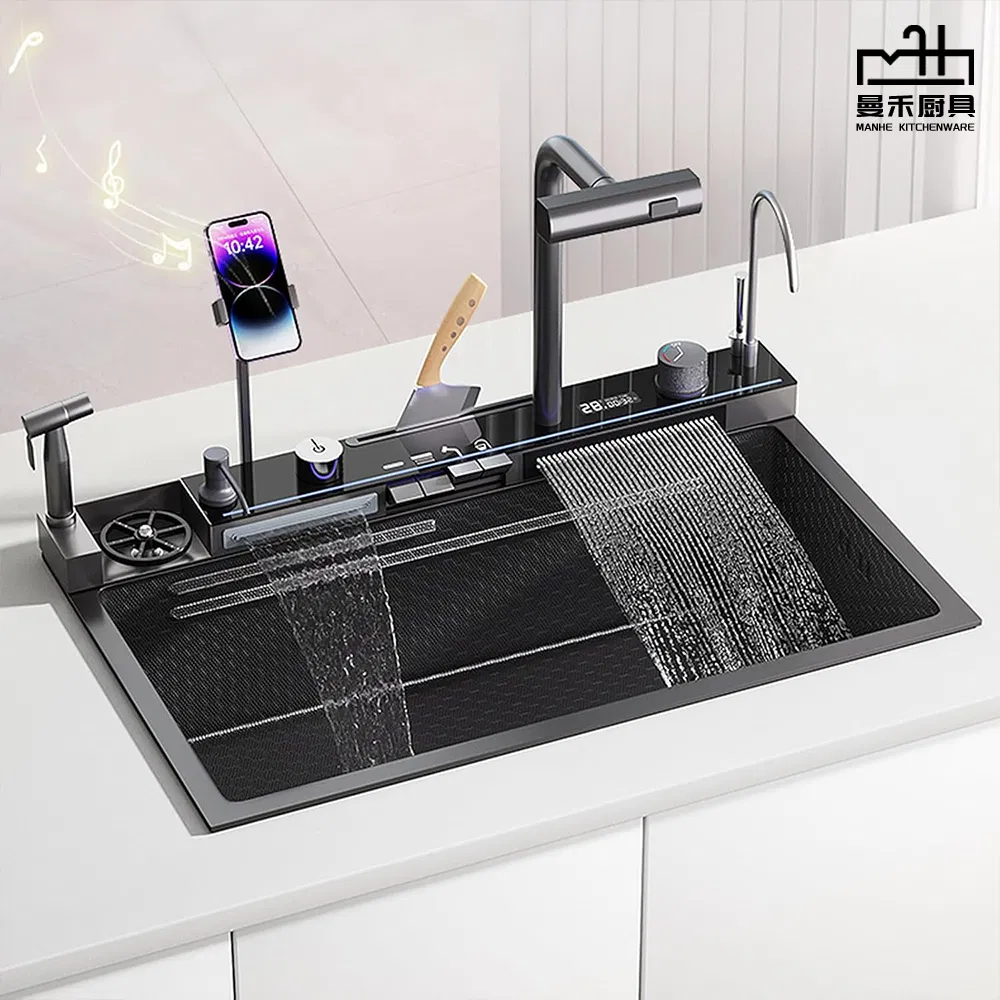 Waterfall Multifunctional Smart Kitchen Sink with Phone Holder and Spray Gun