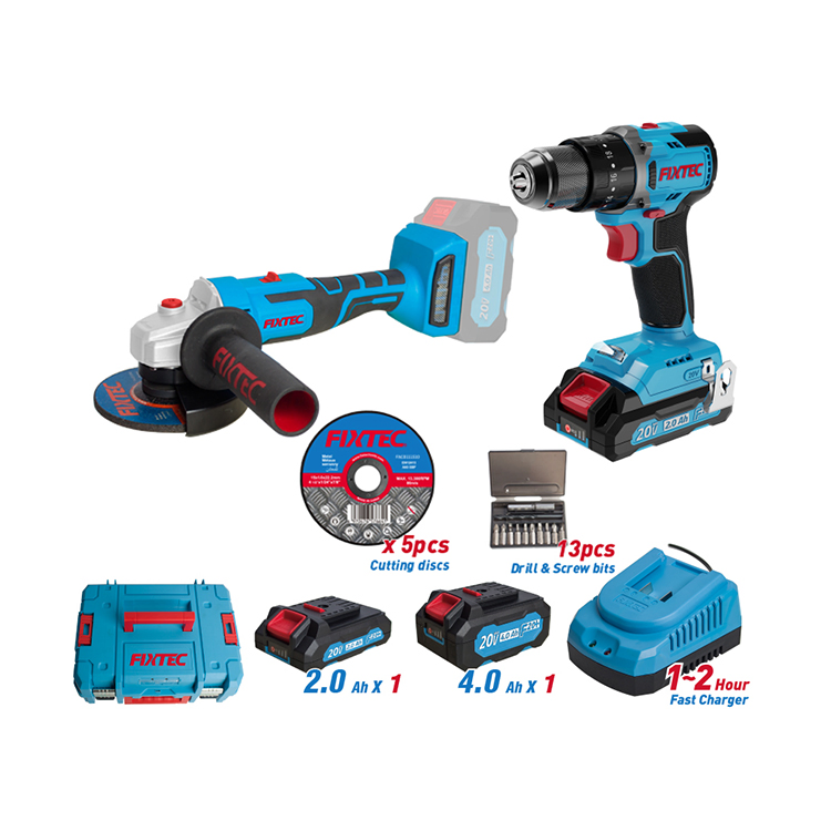 Fixtec Battery Powered 2PCS Power Tools Set 20V Cordless Brushless Motor Combo Kit