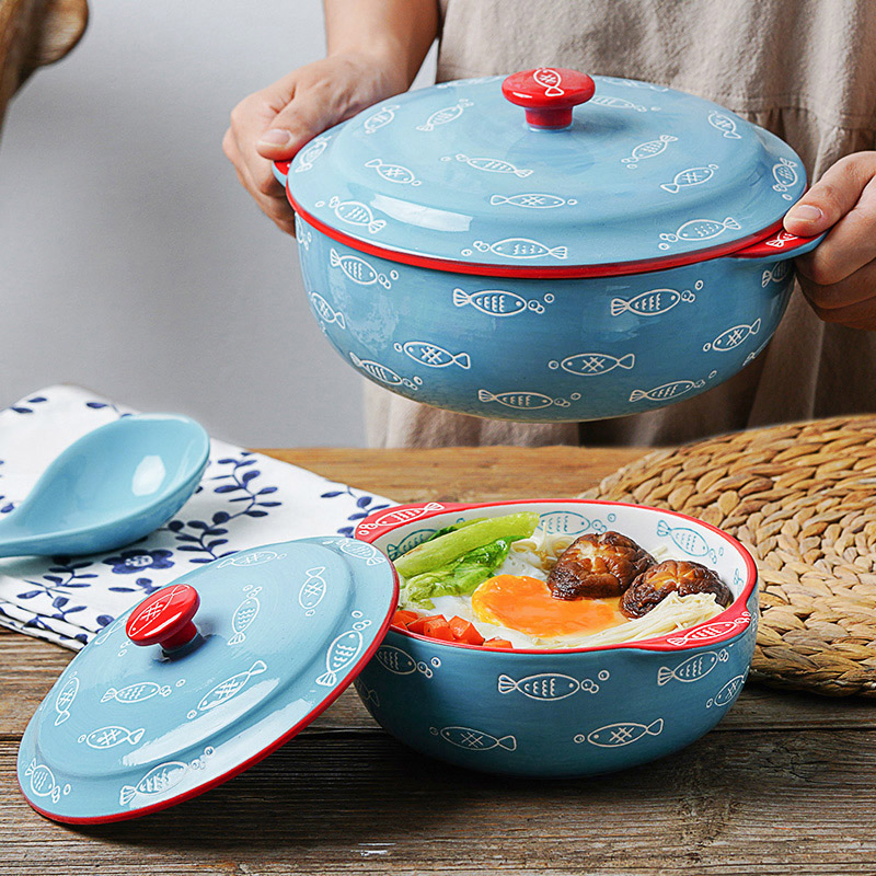 Japanese Style Porcelain Luxury Noodle Soup Bowl with Lid and Handle