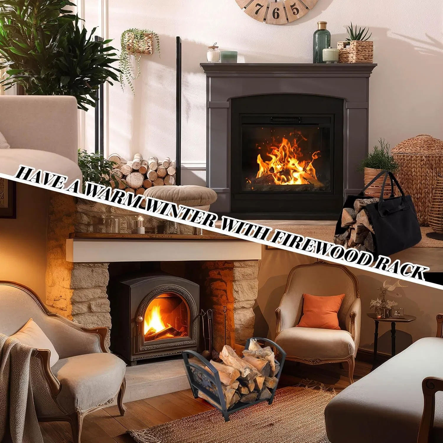 Indoor Cabin Folding Bear Heavy Duty Firewood Rack with Canvas Log Carrier