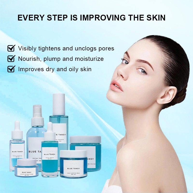 Private Label Hydrating Pore Clarify Anti Acne Facial Cleanser Face Mask Gel Blue Tansy Essential Oil Cream Skin Care Set